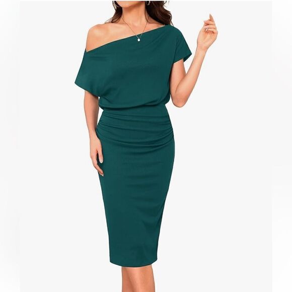 Off The Shoulder Short Sleeve Ribbed Casual Party Bodycon Midi Green Dress - Picture 3 of 15